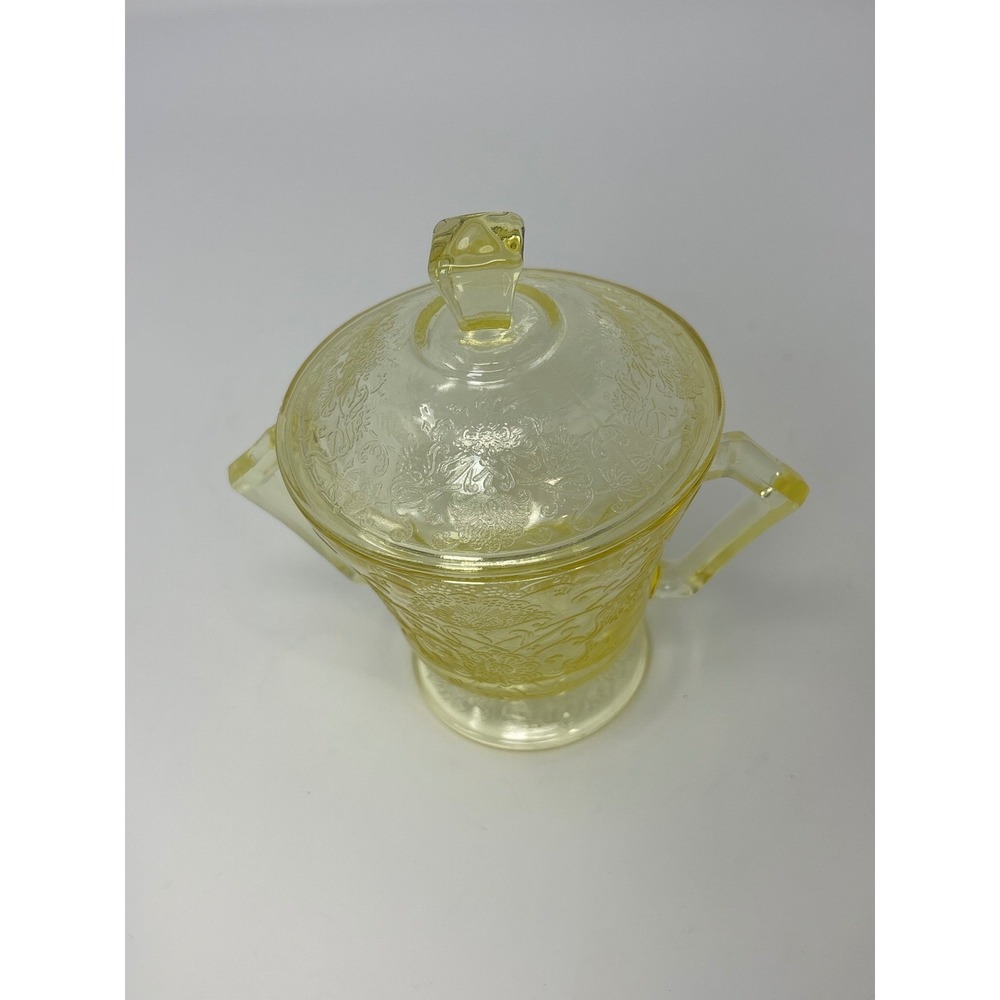 Vintage Florentine #2 Poppy Pattern By Hazel-Atlas Yellow Glass Sugar Bowl & Lid